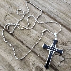 Unisex Silver and Black Cross Necklace